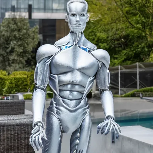 Image similar to made of ice, a realistic detailed photo of a guy who is an attractive humanoid who is half robot and half humanoid, who is a male android, on display, blank stare, showing off his muscles, shiny skin, posing like a statue, by the pool, frozen ice statue, twitch streamer / gamer ludwig, humanoid robot