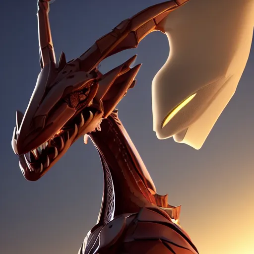 Image similar to bust of a beautiful anthropomorphic humanoid robot female dragon, with smooth and streamlined armor, standing and posing elegantly, well detailed dragon head with LED eyes and a warm maw, sharp and dangerous sleek design, two arms, two legs, long tail, beautiful digital art, artstation, DeviantArt, FurAffinity, professional, octane render, sunset lighting