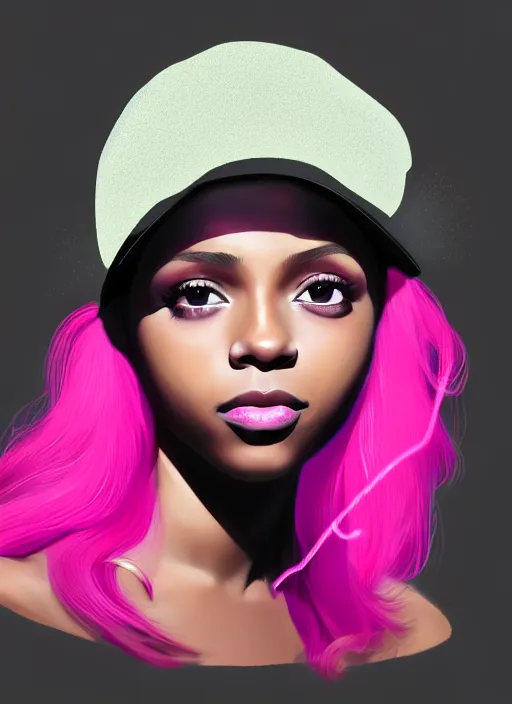 Image similar to portrait of teenage vanessa morgan with bright pink hair, black girl, vanessa morgan, curly pixie cut hair, wearing newsboy cap, newsboy cap, hoop earrings, intricate, elegant, glowing lights, highly detailed, digital painting, artstation, concept art, smooth, sharp focus, illustration, art by wlop, mars ravelo and greg rutkowski