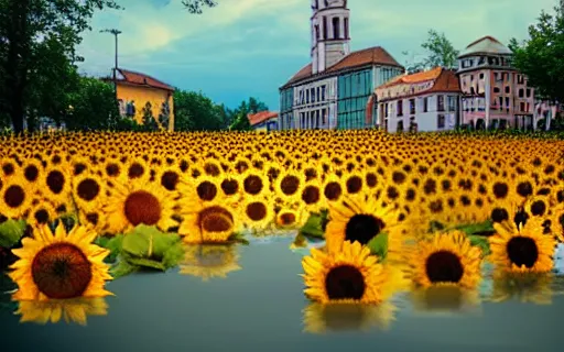 Prompt: City of Ljubljana flooded with sunflowers and people swimming through them, digital art, trending on artstation