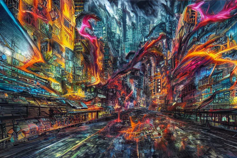 Image similar to destructive monster in the city, photorealistic, highly detailed, sharp focus, vivid, colorful, symmetrical, random, convoluted, mind - blowing, creative, fully functional, end of the world, physics defying, amazing, cool