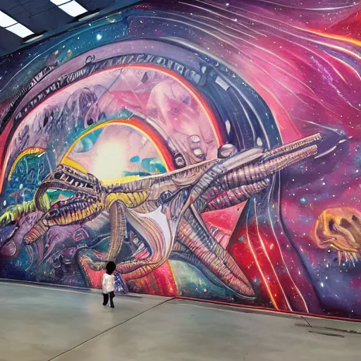 Image similar to aliens standard in an integalactic space port while viewing a large mural about humans