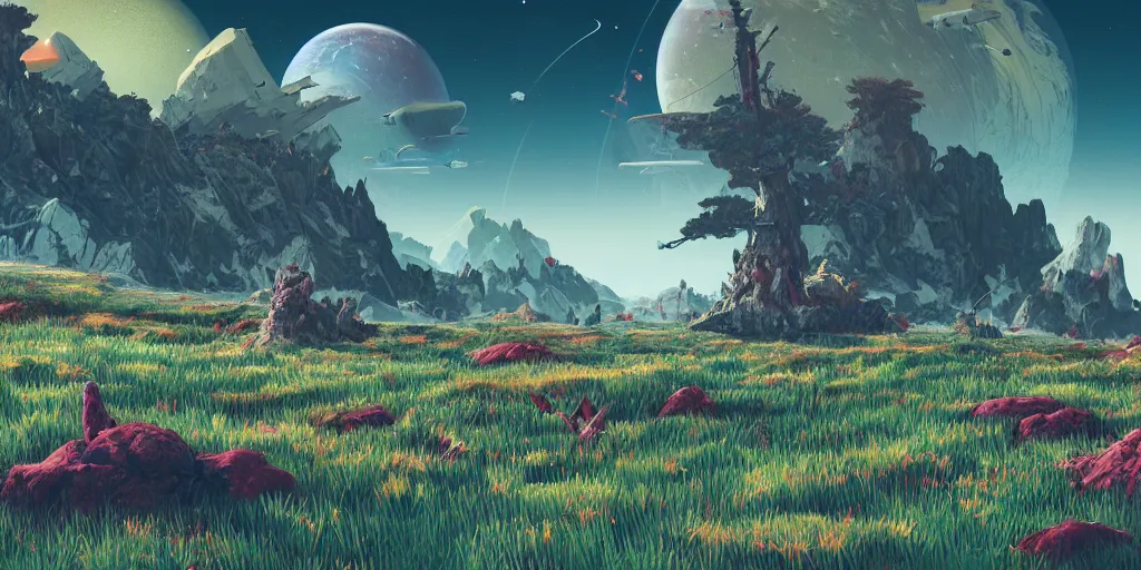 Image similar to 3d rendered landscape with a lot of details by james jean in no mans sky style , redshift, octane