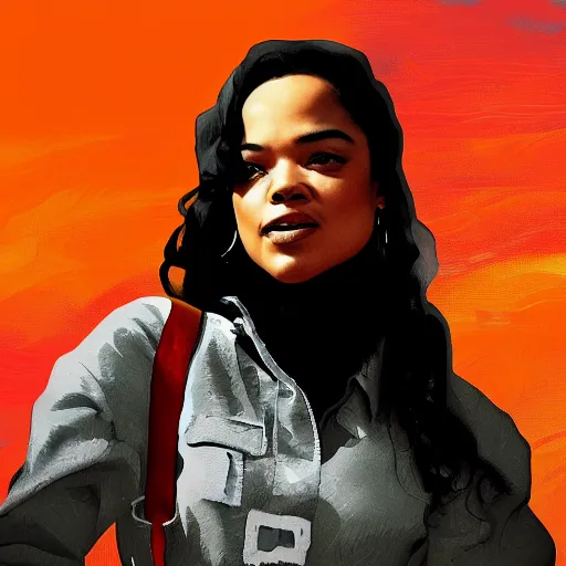 Prompt: photo of Tessa Thompson driving a car, digital art