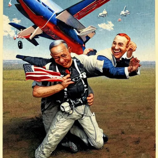 Image similar to benjamin netanyahu skydiving, plane and parachute in background, by norman rockwell, highly detailed, sharp faces