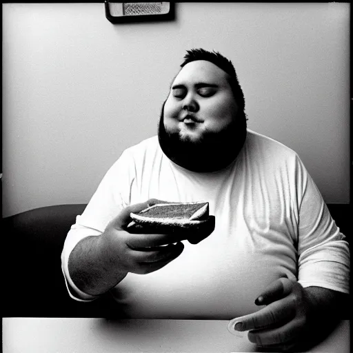 Image similar to a black and white film photograph of a fat man eating a sandwich. holga, lomo, lomography, retro, toy camera, film, tri - x, plus - x, vintage