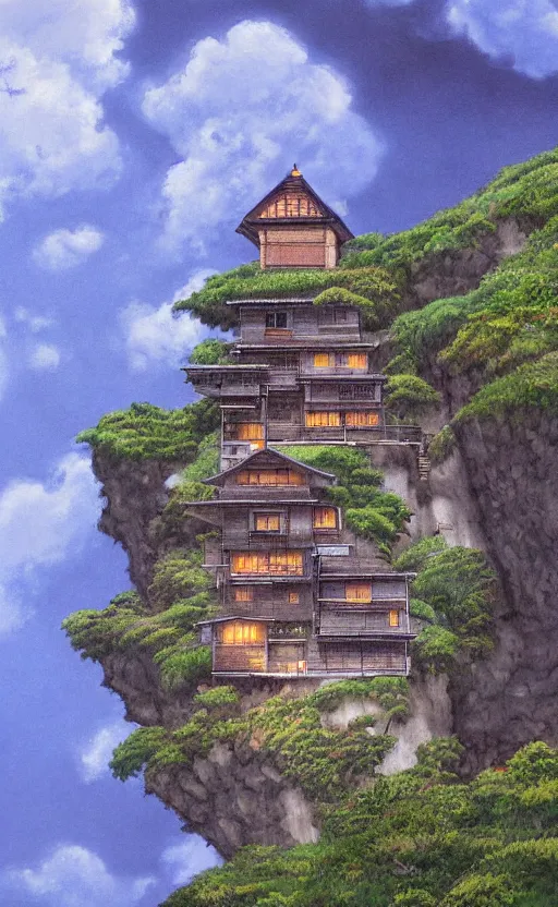 Prompt: amazing detailed photorealistic painting of a house hanging off a cliff edge. japan. studio ghibli. hd. hq