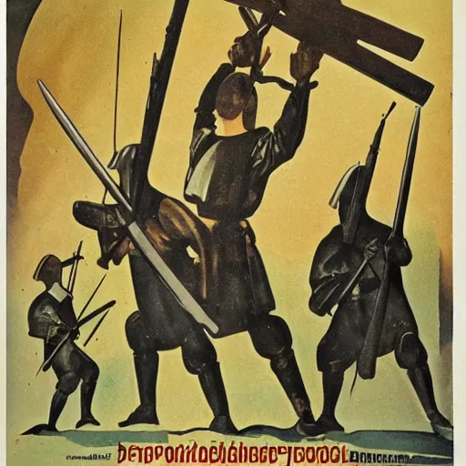 Prompt: Soviet propaganda of medieval armory