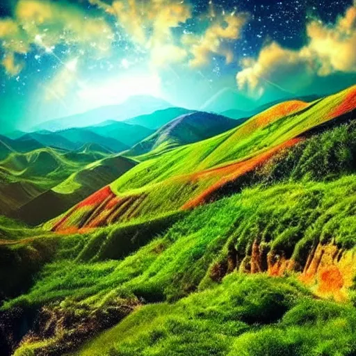 Image similar to the most beautiful and lush landscape in the universe, colorful mountains and green hills, planets in the sky and shooting stars, realistic lighting