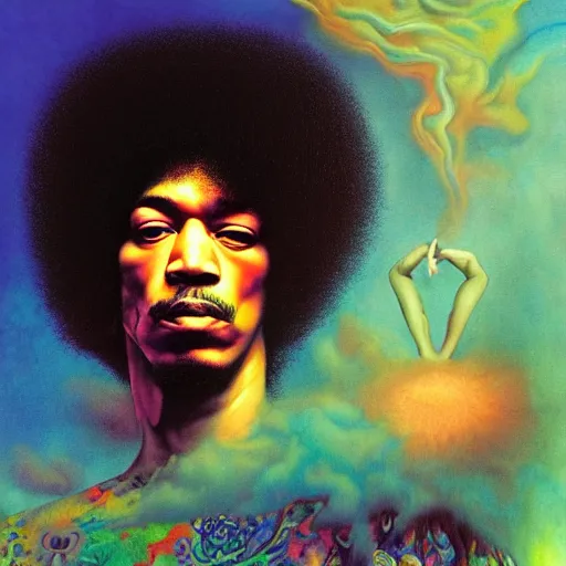 Prompt: colour masterpiece surreal closeup portrait photography jimi hendrix by miho hirano and annie leibovitz and michael cheval, psychedelic smoke background by kilian eng and roger dean and salvador dali and beksinski, 8 k