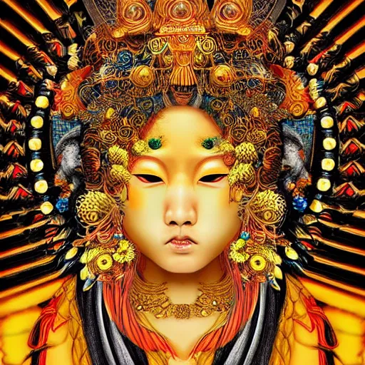 Prompt: hyper realistic portrait photo of ameterasu the sun goddess of japan, portrait shot, intricate detail