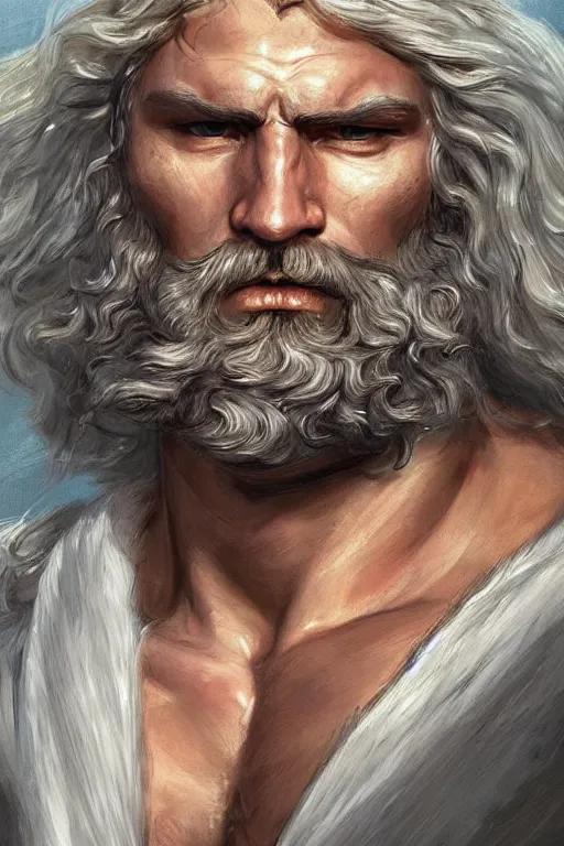 Image similar to painted portrait of rugged zeus, god of thunder, greek god, white hair, masculine, powerful, handsome, luxurious, upper body, white robe, muscular, hairy torso, fantasy, intricate, elegant, highly detailed, digital painting, artstation, concept art, smooth, sharp focus, illustration, art by gaston bussiere and artgerm