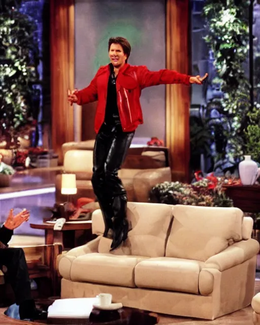 Image similar to tom cruise, dressed as maverick, jumps on oprah's couch during an episode of the oprah winfrey show while wearing a jet pack, hyperreal