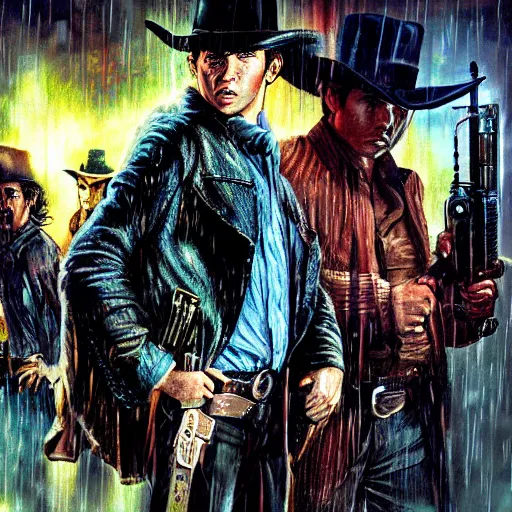 Prompt: photorealism of in the style of the video blade runner, western setting, billy the kid and the gang posing, photorealistic, hyper realistic, realistic, cinematic, dramatic, trending