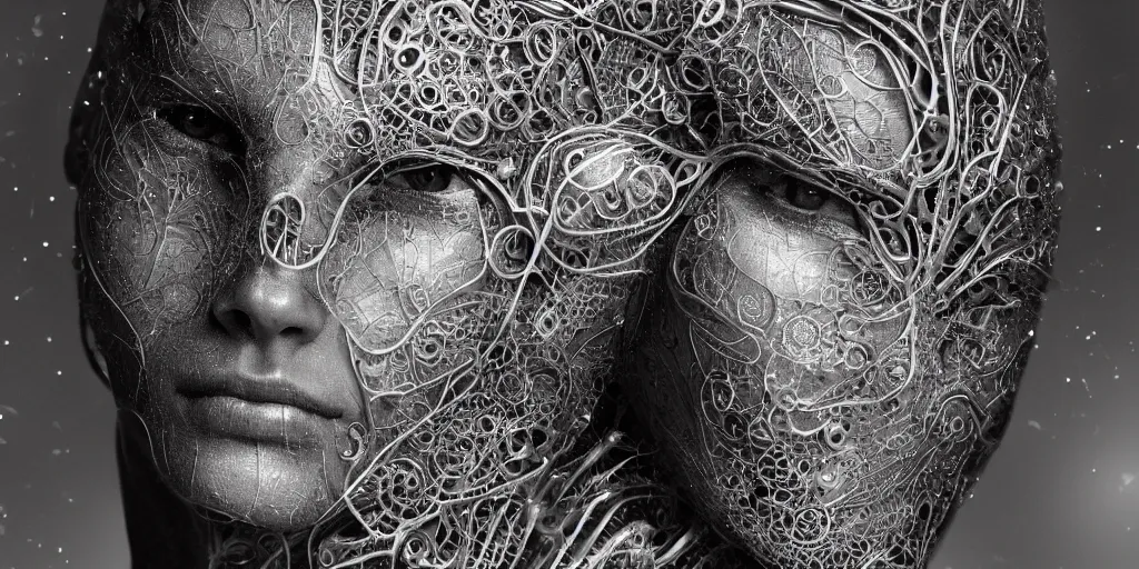Image similar to hyperrealistic photography of a stunningly beautiful cyborg male, intimate, intricate filigree, fibonacci, in the style of beth cavener, jin kagetsu, and wlop, highly detailed, chrome face symmetry, masterpiece, award winning, sharp focus, concept art, high key, ambient lighting, 8 k, octane render,