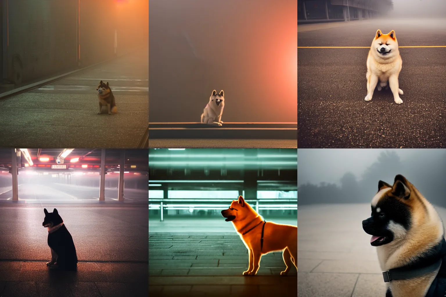 Prompt: high detail photo of a akita inu dog waiting alone at an empty foggy train station, orange glowing fog, desolate, atmospheric, hazy, 8k, reflections