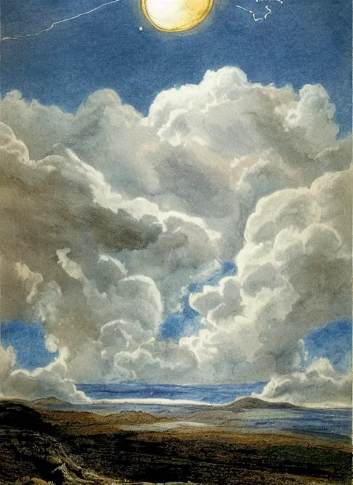 Prompt: sky split in 2, one part is sun, one part is moon, surrounded by light clouds, landscape, illustrated by peggy fortnum and beatrix potter and sir john tenniel