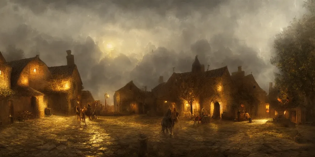 Prompt: Highly detailed and cinematic Romantic period oil painting of a medieval village, fog, volumetric lighting, an oil painting ((masterpiece)) by ((Josep Tapiró Baró)), dynamic lighting, 8K