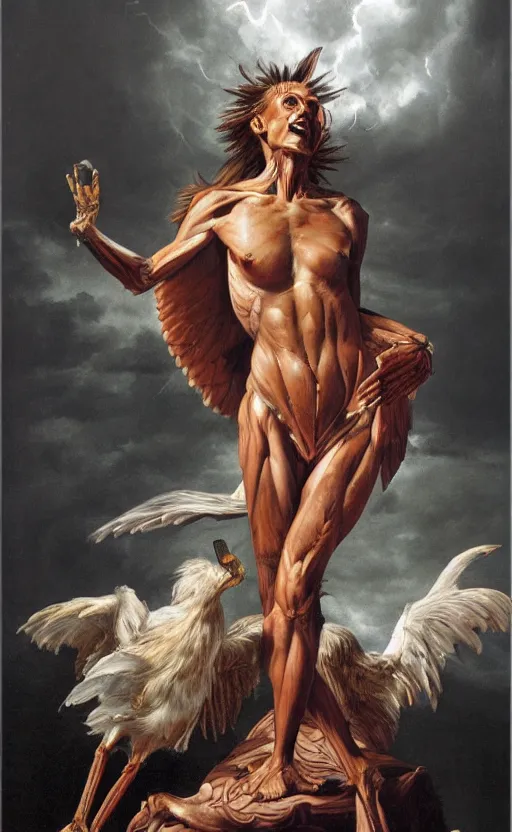 Image similar to an anatomical oil painting of a Harpy from a medical journal by Alex Ross, highly detailed, high detail, photoreal, 8k, storm clouds, birds, dramatic lighting