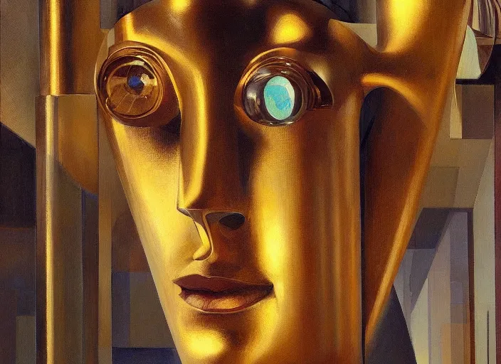 Image similar to a portrait headshot of sci fi metallic human, bright eyes, melancholic complex geometric figure liminal machinery by oskar schlemmer, moebius, john berkey, oil on canvas, portrait facial head, featured on artstation, hd wallpaper