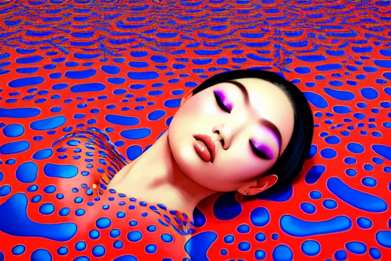 Image similar to realistic detailed image of a geisha laying down in a padded room, conjuring psychedelic background, part by yayoi kusama, part by alex gray, part by ross tran, part by james jean, ultra realistic, highly detailed, life like face, detailed body, 8 k, octane render, trending on artstation, very cohesive, masterpiece