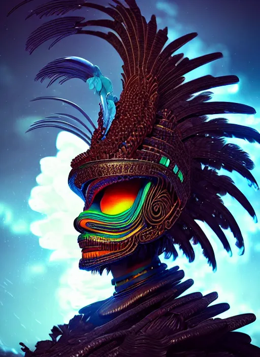 Prompt: 3 d mexican goddess profile portrait. beautiful intricate highly detailed quetzalcoatl helmet and feathers. low - key lighting, bioluminescent, plasma, lava, ice, water, wind, creature, thunderstorm! artwork by tooth wu and wlop and beeple and greg rutkowski, 8 k trending on artstation,