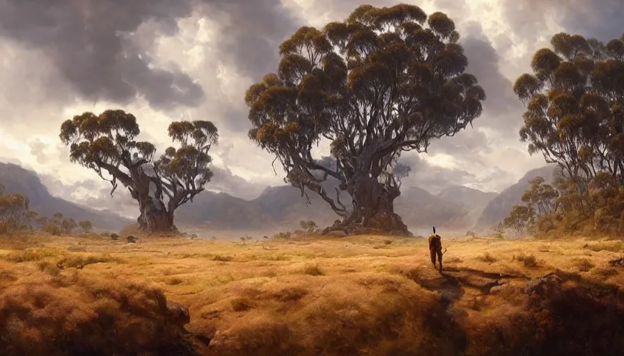 Image similar to excellent painted daemon in a wide epic beautiful landscape somewhere in australia with fluffy clouds, painted by Hans Fredrik Gude, Greg Rutkowksi, Craig Mullins and Artgerm, masterpiece, 4k, ultra realistic highly detailed oil painting