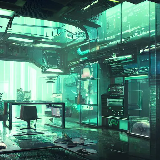 Prompt: cyberpunk underground lab with a glas tank and green goo inside, lot of screens on the wall, dusty, volumetric lights, cinematic, incredibly detailed, octane render,