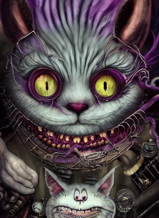 Prompt: cheshire cat, angry, scary, cheeky, steampunk glassess, highly detailed, cinematic, 8 k, by megan duncanson, benjamin lacombe, stanley artgermm, tom bagshaw, craig mullins, carne griffiths, ayami kojima, beksinski, giger, trending on deviantart, hyper detailed, horror, full of colour