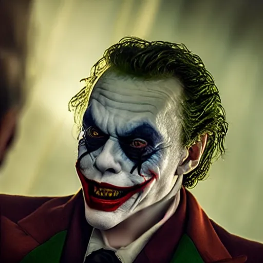 Image similar to stunning awe inspiring tim curry as the joker movie still 8 k hdr atmospheric lighting