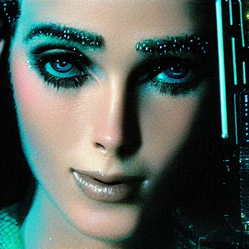 Image similar to beautiful extreme closeup portrait photo of 1990s frontiers in human replicant molecular fashion magazine September retrofuturism blade runner edition, highly detailed, focus on face, soft lighting