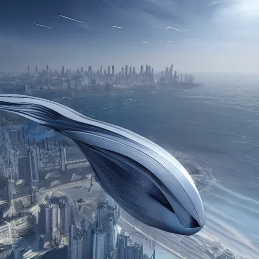 Image similar to Zaha Hadid fly in the sky in his fantasy world design by Zaha unreal engine vray