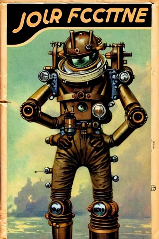 Prompt: ( ( ( ( ( 1 9 5 0 s pulp science fiction magazine cover art steampunk space inventer adventure robot explorer costume. muted colors. ) ) ) ) ) by jean - baptiste monge!!!!!!!!!!!!!!!!!!!!!!!!!!!!!!