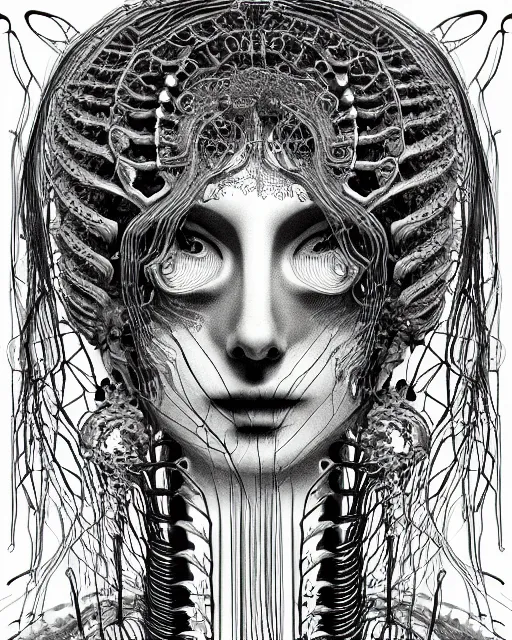 Image similar to mythical dreamy black and white organic bio - mechanical spinal ribbed profile face portrait detail of beautiful intricate monochrome angelic - human - queen - vegetal - cyborg, highly detailed, intricate translucent jellyfish ornate, poetic, translucent microchip ornate, photo - realisitc artistic lithography in the style of hg giger
