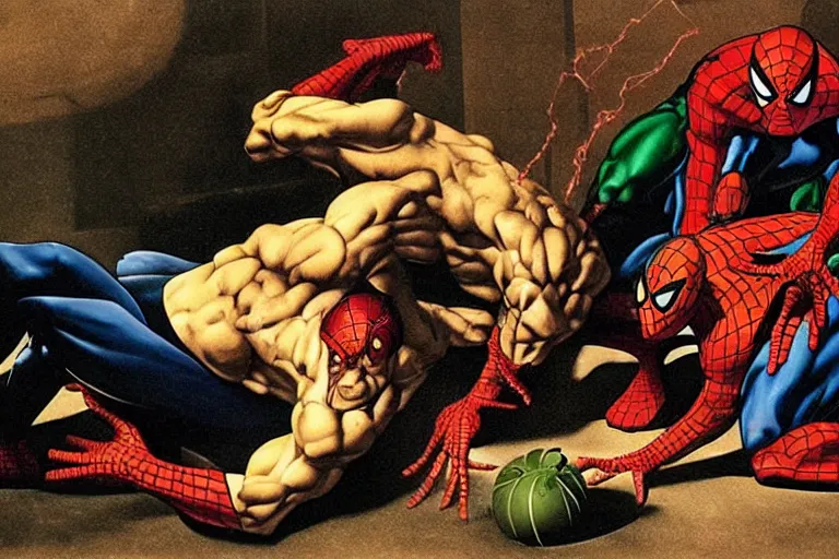 Image similar to spider man is fighting green goblin, in style of Caravaggio, dramatic lightning,