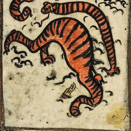 Prompt: bad drawn tiger made of smoke, lava and fire flying in the sky with many legs in a medieval manuscript, medieval manuscript, golden miniatures