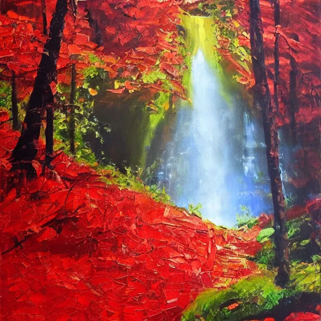 Prompt: red waterfall in a colorful forest, oil painting