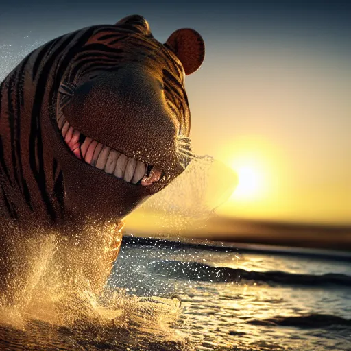 Image similar to a closeup photorealistic photograph of a cute smiling knitted tiger hippopotamus chasing after a beachball during sunset. surf in background. professional capture. this 4 k hd image is trending on artstation, featured on behance, well - rendered, extra crisp, features intricate detail, epic composition and the style of unreal engine.