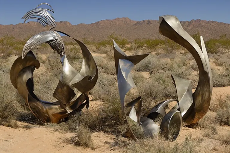 Image similar to surrealist metal sculptures by max ernst in a california desert landscape