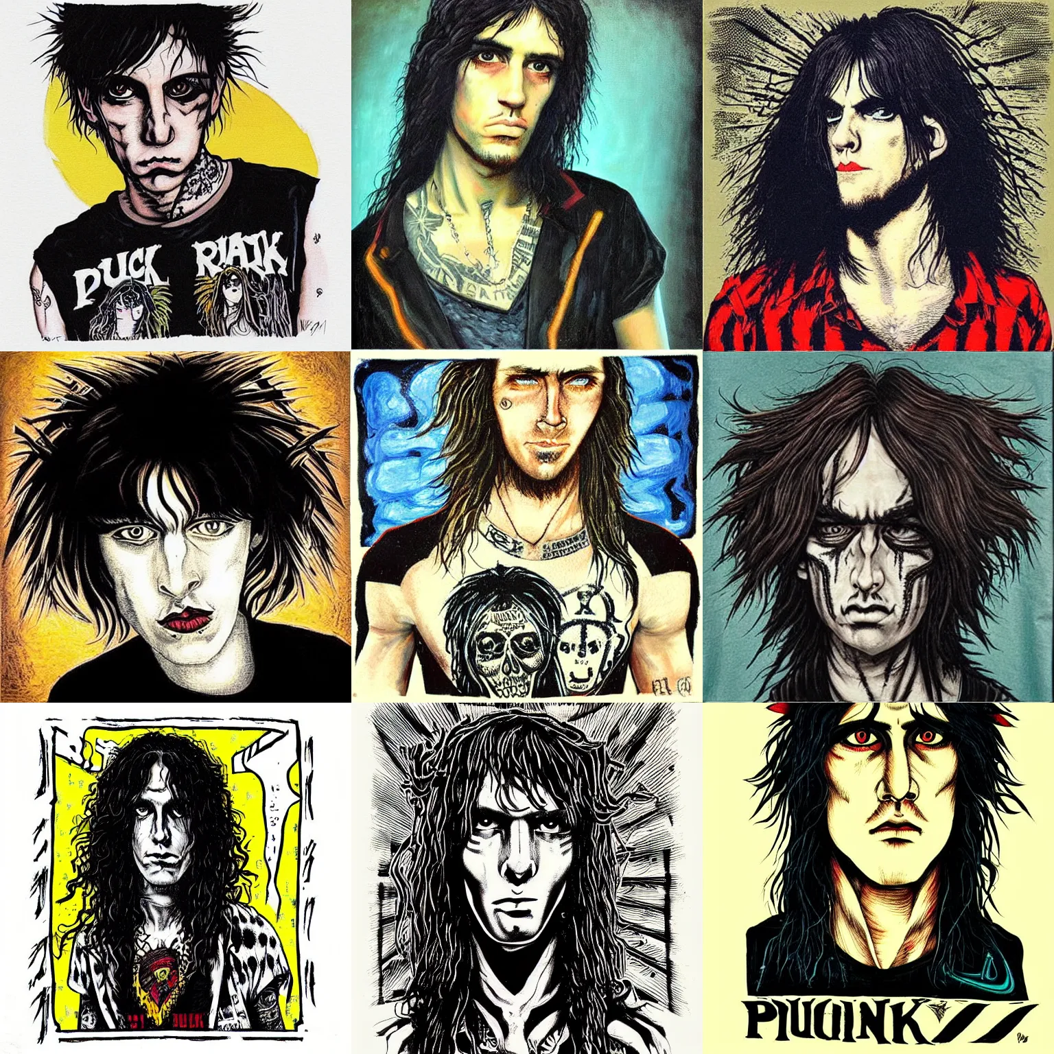 Prompt: “punk rocker young man with long dark hair and pretty eyes wearing a rock band tee shirt, as painted by vincent van goth, symmetrical eyes, thick paint, by william stout”