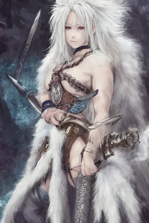 Prompt: beautiful semi realistic anime portrait of a gorgeous female barbarian with white hair, pale blue eyes, looking at camera, D&D, fur cape, full body plated armor, long wild spiky hair, cocky smirk, intricate outfit, elegant, stylish, fantasy, dark fantasy, epic fantasy, extremely detailed, digital painting, artstation, concept art, HD, 8k, smooth, sharp focus, illustration, stunning lighting, art by artgerm and greg rutkowski and alphonse mucha and simon stalenhag, fully clothed, fully dressed, modestly dressed