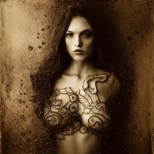 Prompt: old full frame wetplate daguerreotype portrait of a beautiful woman, 3 0 years old, fractal, intricate, elegant, highly detailed, parallax, leica, subsurface scattering, by luis royo and greg rutkowski