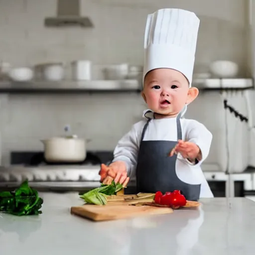 Image similar to tiny and innocent baby yoda appears as a chef wearing a white chefs hat and apron in a beautiful kitchen, preparing some food