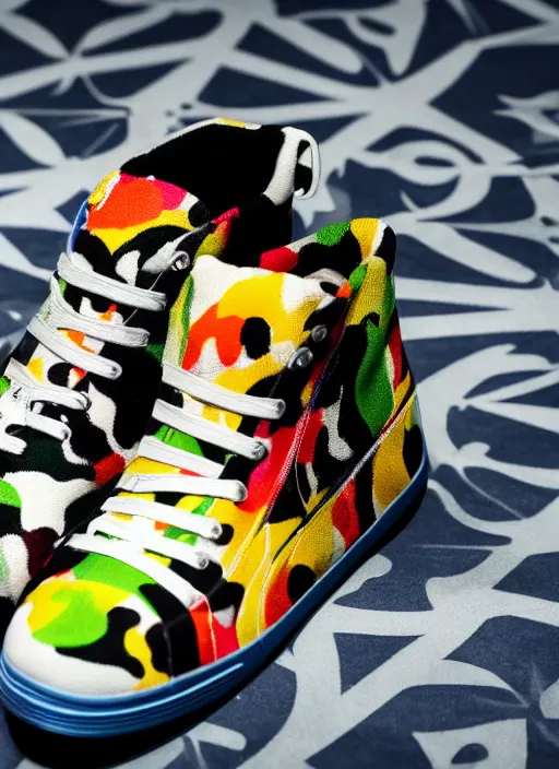 Image similar to hyperrealistic and heavy detailed product photo bape avant garde shoe of movie the fifth element, in front of white back drop, whole shoe is in picture, leica sl 2 5 0 mm, vivid color, high quality, high textured, real life