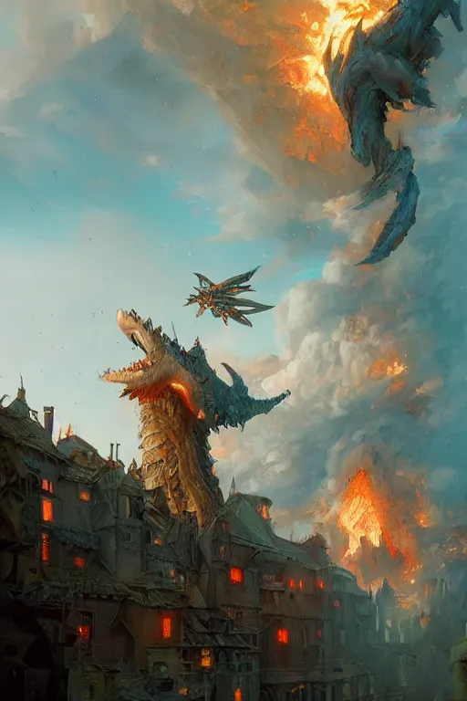 Prompt: a beautiful artwork illustration, a giant fire-breathing monster flying over a medieval village, destruction, by Greg Rutkowski and Jesper Ejsing and Raymond Swanland, featured on artstation, wide angle, vertical orientation