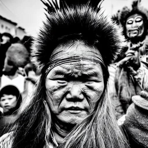 Image similar to hunnic protester face elongated cranium mongolian hair style photo black and white wide angle lense