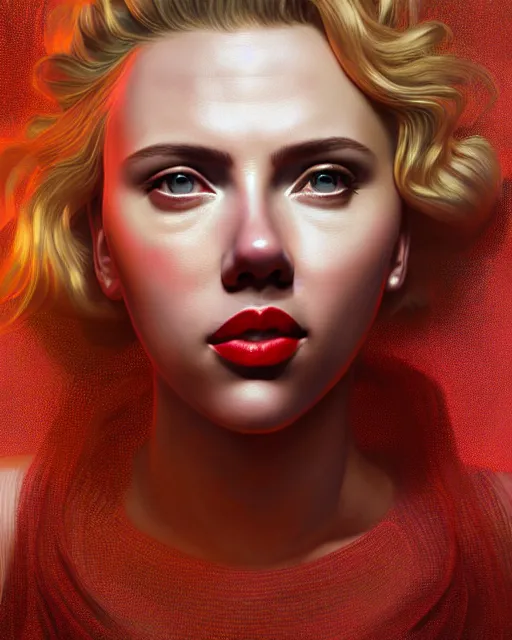 Image similar to highly detailed vfx portrait of scarlett johansson, red lipstick, global illumination, detailed and intricate environment by james jean and victo ngai and tristan eaton