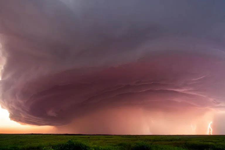 Image similar to a photo of a supercell thunderstorm, serene environment, illuminated from various angles by the setting sun, cinematic