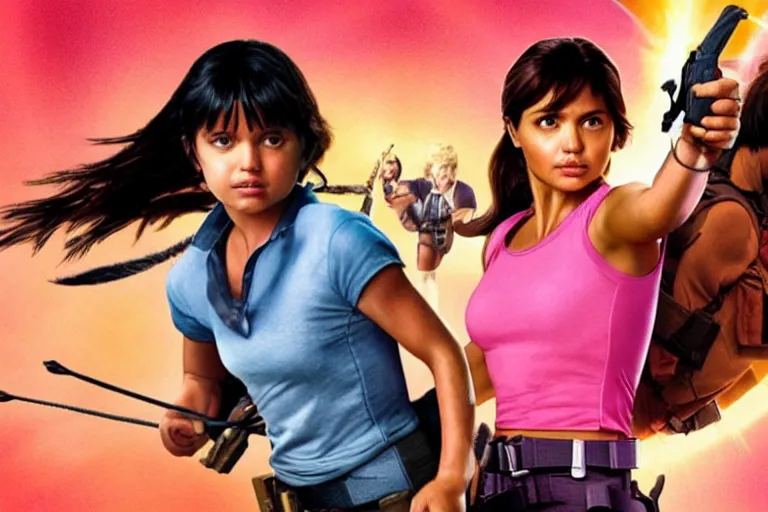 Image similar to Isabela Merced as Dora the Explorer vs Angelina Jolie as Lara Croft, movie poster, film by Michael Bay, dora pink shirt, lara white shirt