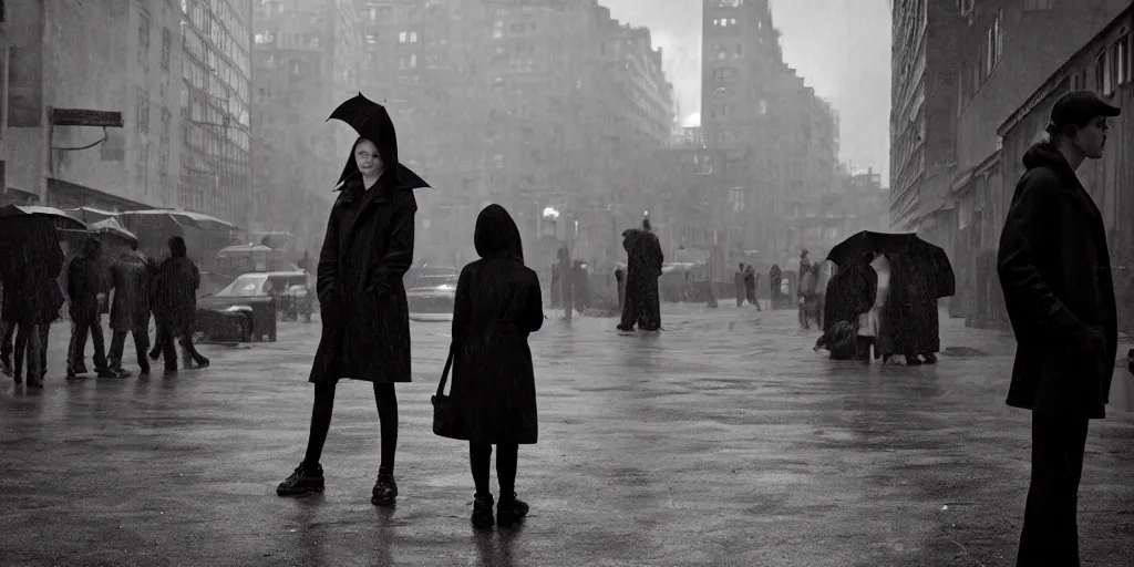 Image similar to medium shot of umbrella stall with sadie sink in hoodie. in ruined square, pedestrians on both sides. cyberpunk tenements in background : grainy b & w 1 6 mm film, still from schindler's list by steven spielberg. cinematic atmosphere, sharp face, perfect anatomy